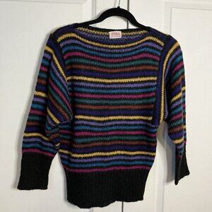 Vintage Phillippe Sweater Womens Stripe 80s Boat Neck Wool Blend Black Rainbow